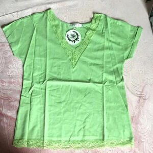 ELENZA Lace V-Neck Shirt |100% Cotton|  Light Green | Casual | US 4-6 (S)